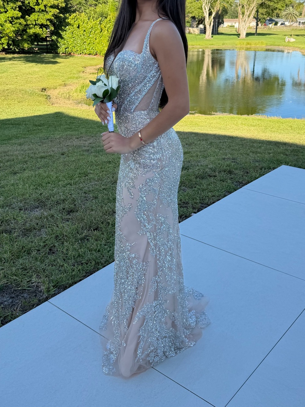 JOVANI Nude Sequin Evening Gown with Silver Embellishment